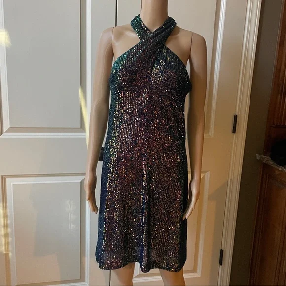 NWT Cache Iridescent Sequin Dress - halter neckline - Size Small - Picture 3 of 11